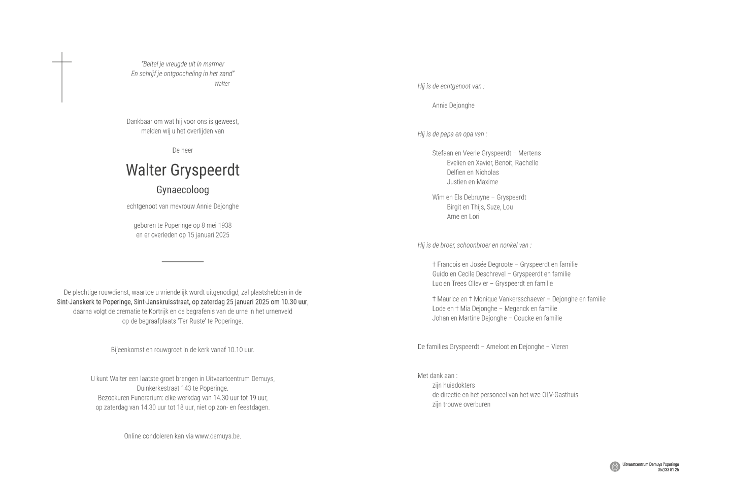 rouwbrief Walter Gryspeerdt