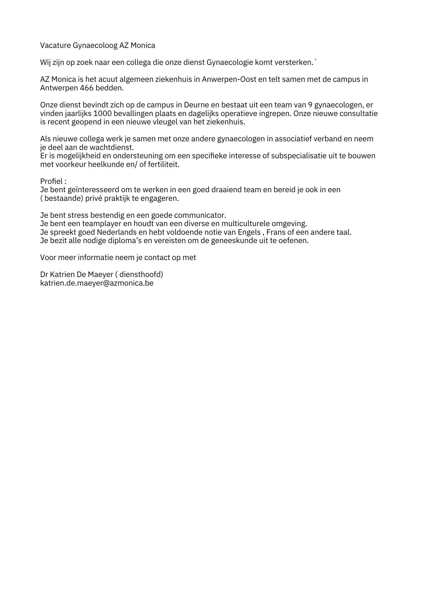 vacature gynaecologie AZ Monica